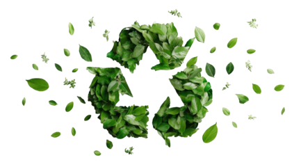Green recycle symbol formed from leaves with scattered leaves