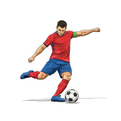 Dynamic footballer powerfully kicks ball during intense match capturing victory and athletic prowess with focused determination