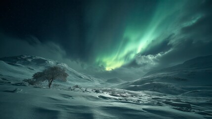 Silent winter hills under northern lights, surreal dreamlike style
