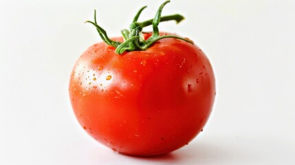 Fresh Tomato Close-Up: Ripe Red Tomato with Water Drops & Green Leaf Veins for Food Photography