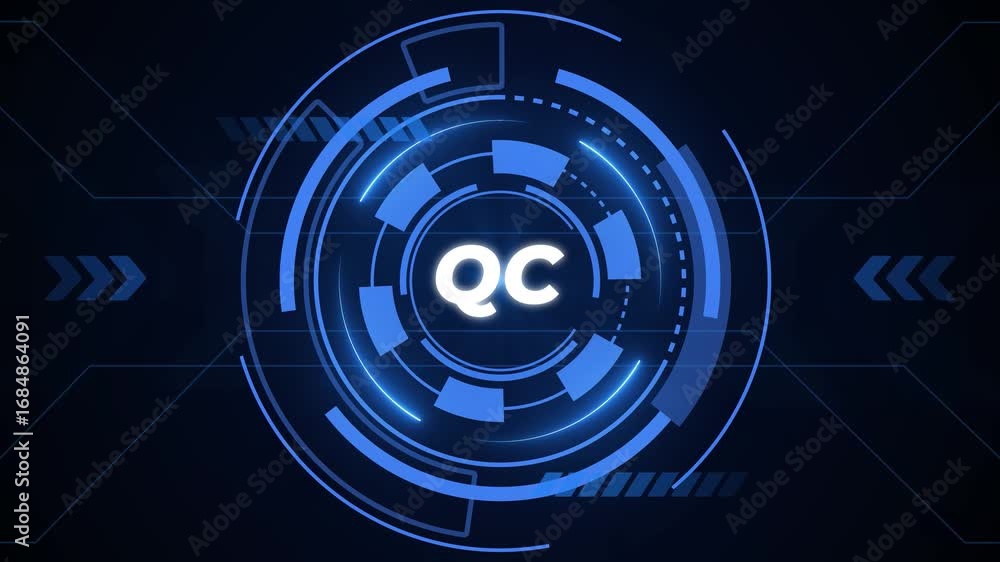 Poster digital hud with blue glowing circles and qc text for quality control technology futuristic