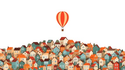 A high-resolution minimalist illustration of colorful houses with a hot air balloon soaring above them against a white background.