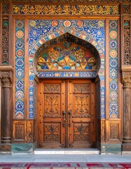 Obraz premium Ornate wooden doors with intricate mosaic details