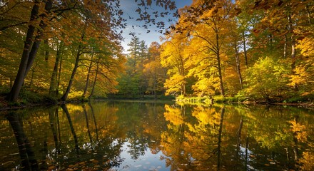 Autumn trees reflected in pond