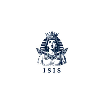 engraved illustration of Isis, the ancient Egyptian goddess of motherhood. vector template