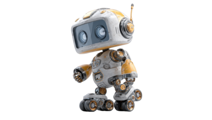 A small, stylized robot figure, depicted in a playful pose.  It's rolling on roller skates, and its design combines light gray and yellowish-orange elements