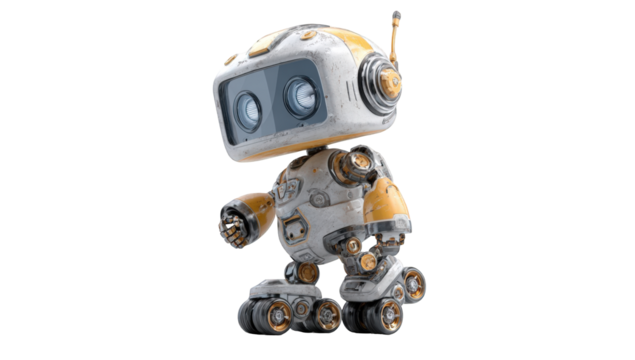 A small, stylized robot figure, depicted in a playful pose.  It's rolling on roller skates, and its design combines light gray and yellowish-orange elements