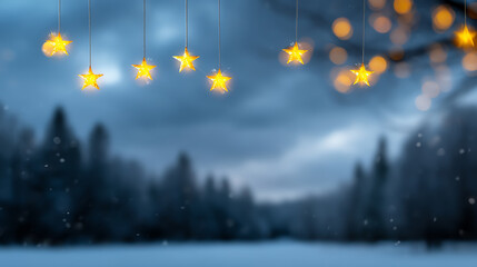 Fototapeta premium Glowing star-shaped lights hang against a blurred, snowy forest background at dusk, creating a warm and festive atmosphere with soft falling snowflakes