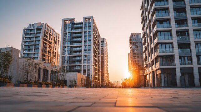 Modern apartment buildings line a paved street at sunrise - Powered by Adobe