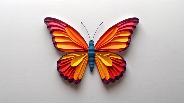 A high-resolution paper art butterfly crafted from vibrant layers of orange, yellow, and purple paper, creating a striking 3D effect.
