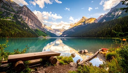 Scenic alpine lake at dawn, with mountains reflecting in calm water and a wooden bench at the shore