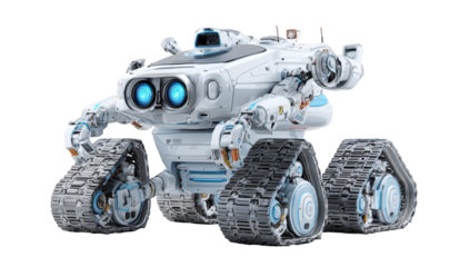 Futuristic white robot on treads
