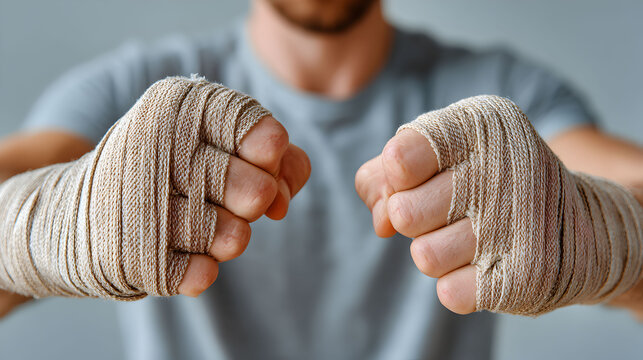 a close-up shot of hands wrapped in boxing tape, ready for a fight. This image captures the intensity and readiness of a fighter