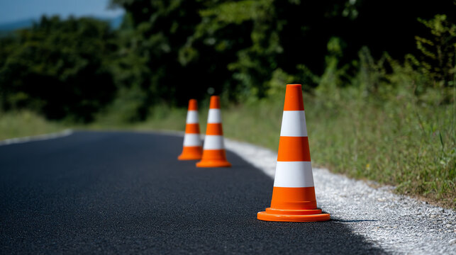 Three orange and white traffic cones are aligned on the side of a paved road bordered by grass and trees under clear daylight conditions