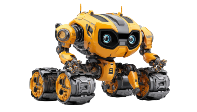 Cute yellow robot sits in front view