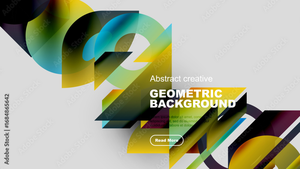 Poster abstract geometric shapes overlap, creating vibrant colorful background. text box present, button vi