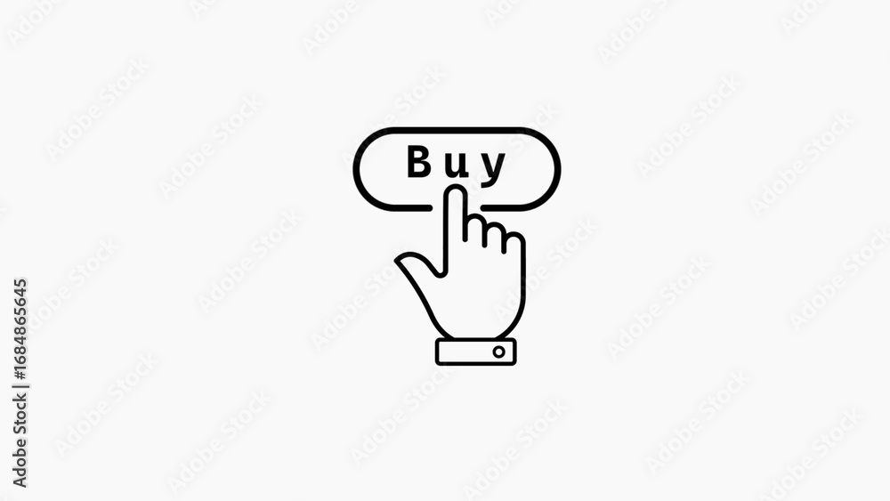 Poster hand cursor clicking on a buy button icon with black outline on white background graphic design