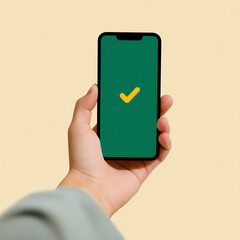 Hand holding a smartphone displaying a green screen with a yellow checkmark, symbolizing confirmation or success, against a plain beige background
