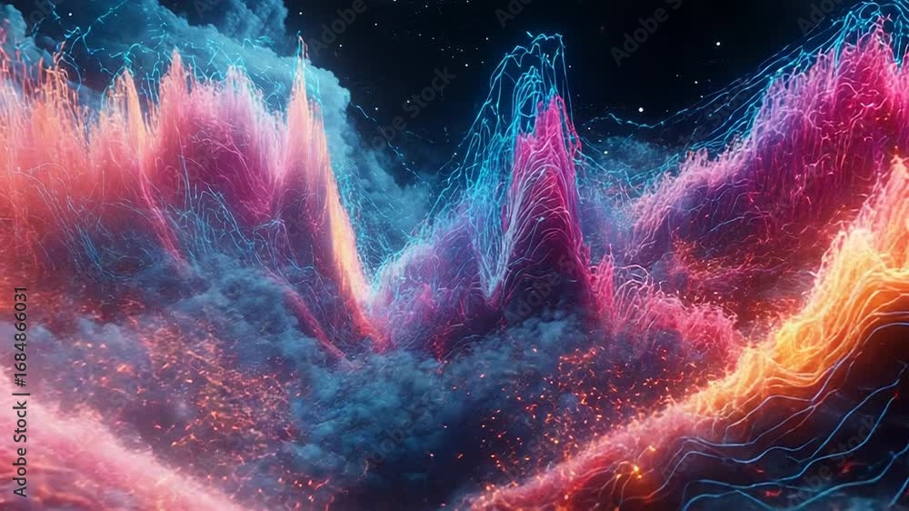 Poster colorful particle waves flowing over dark clouds and stars in outer space
