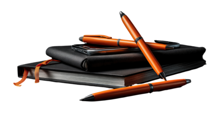 Orange pens atop stacked black notebooks