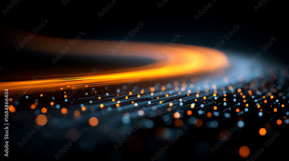 Poster abstract glowing orange and blue particles form a dynamic curved path on a dark background, evoking 