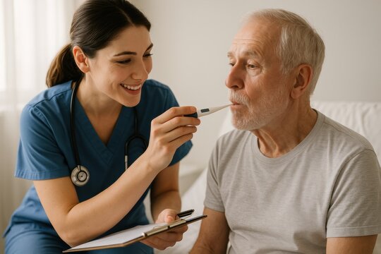 Smiling nurse checking senior patient’s temperature with digital thermometer