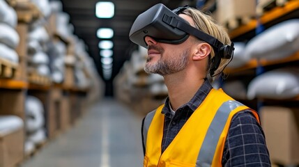Bearded Storage Supervisor Overseeing Advanced Virtual Reality Operations in a Modern Warehouse