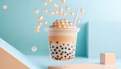 Minimalist�bubble tea�cup with�tapioca pearls.