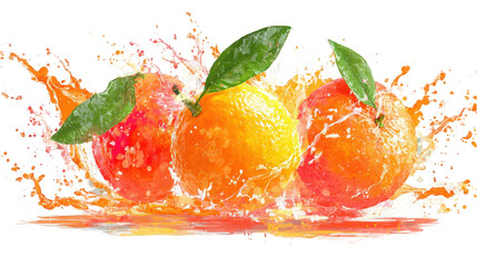 Three Juicy Oranges with Splashing Water on Transparent Background