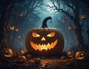 Spooky jack-o'-lantern in a haunted forest