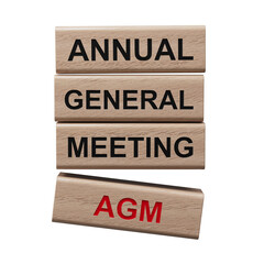 AGM - Annual general meeting symbol. Concept word AGM on wooden blocks. Business and AGM concept. Copy space.Supports PNG files with transparent backgrounds.
