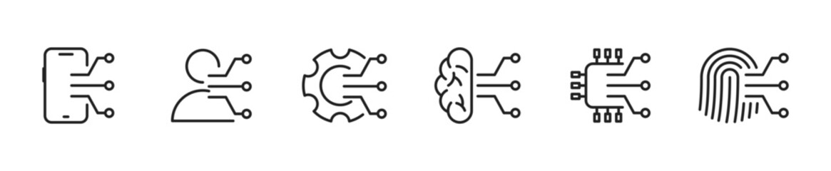 Obraz premium AI circuits icon set. technology symbol with ai circuits and brain, phone, gear, human, fingerprint and chip. Vector EPS 10