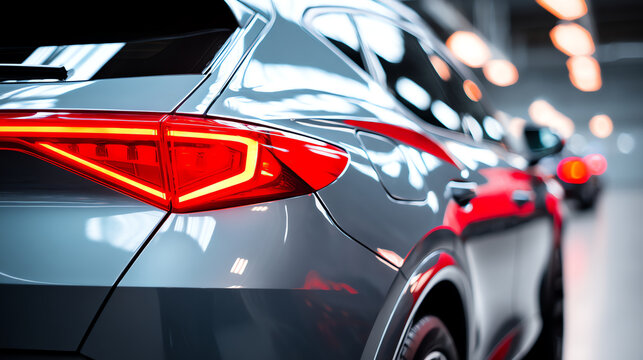 Close-up of a sleek silver car's rear with illuminated red taillight, showcasing modern design and glossy finish in a well-lit indoor setting