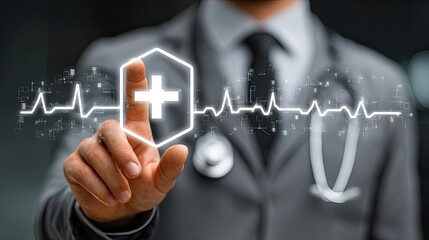 Doctor interacting with futuristic digital health interface showing heartbeat waveform and medical cross symbol representing advanced healthcare technology