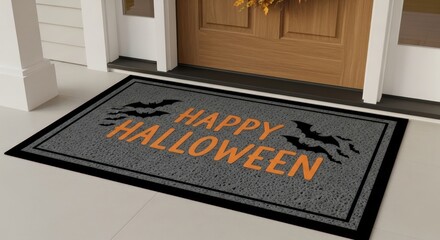 Festive Halloween welcome mat with bats and orange lettering, perfect for seasonal home decor
