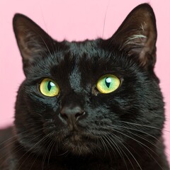 Close-up of a black cat with bright green eyes against a pink backdrop