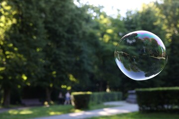 Beautiful transparent soap bubble floating in park, space for text