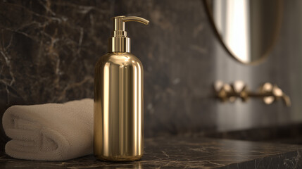 Plain gold shampoo pump bottle mockup in luxury hotel bathroom