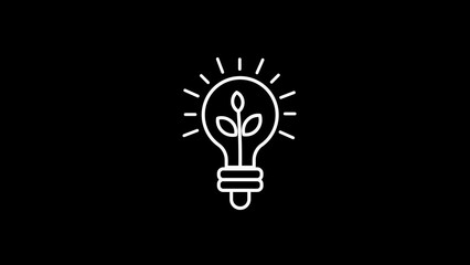 White outline of a lightbulb with a plant sprout inside on a solid black background idea innovation