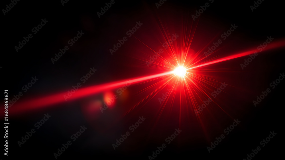 Poster bright red laser beam emitting light rays and lens flare against a black background, creating a stri