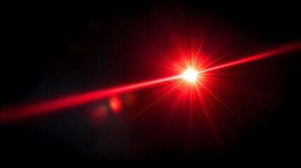 Bright red laser beam emitting light rays and lens flare against a black background, creating a striking visual effect with intense glow and sharp lines