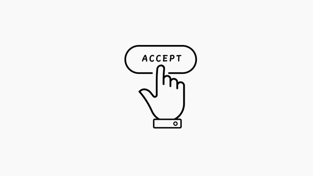 Hand pressing an oval button with the word ACEPT in white outline on a white background accept click