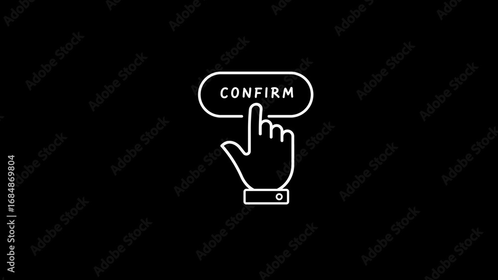 Poster hand clicking on a white oval button with the text confirm on a black background finger cursor