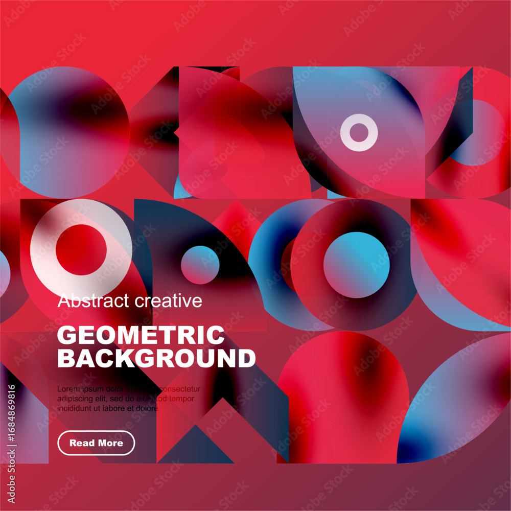 Poster vibrant abstract composition. overlapping shapes create dynamic visual effect. red, blue hues domina