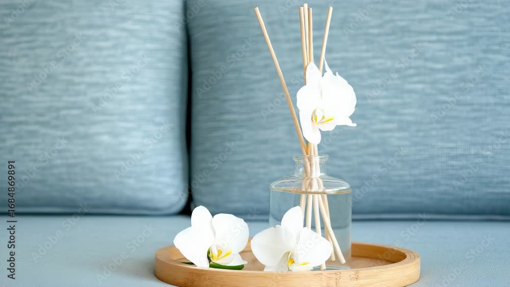 Poster delicate white orchids in a glass vase create a serene atmosphere in a stylish setting featuring sof