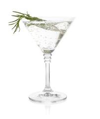 Martini cocktail with rosemary in glass on white background