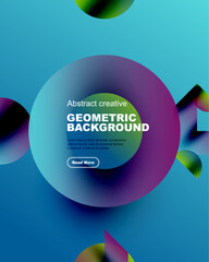 Abstract geometric background features vibrant circles, gradients. Text promotes design, invites further exploration. Modern aesthetic.