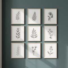 A modern interior with a minimalist botanical-inspired art display on the wall.