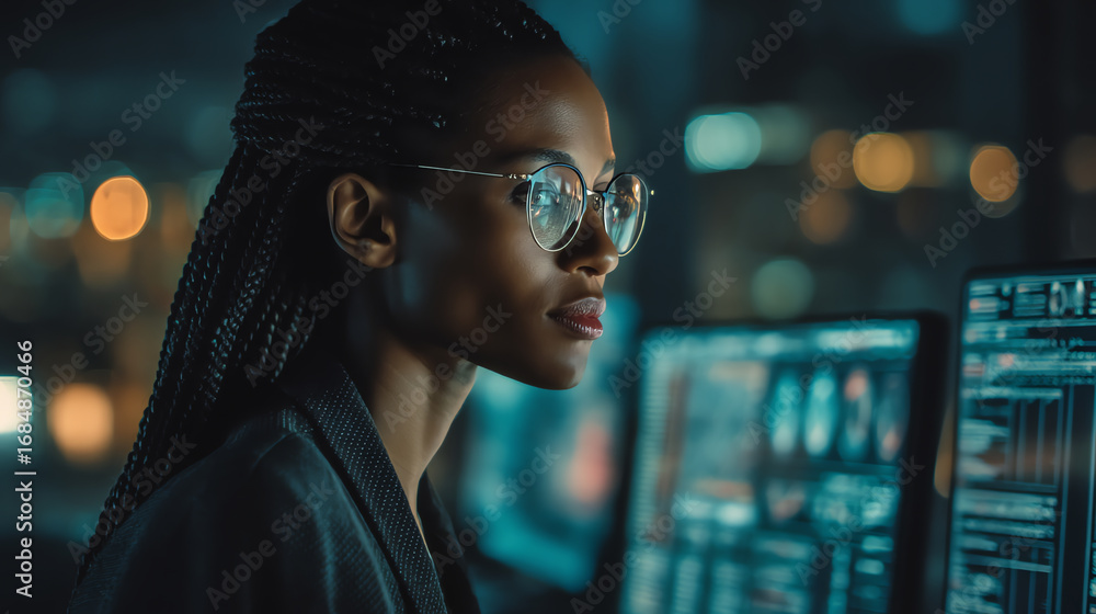 Poster young woman with glasses focused on computer screens displaying data and graphics in a dimly lit, mo