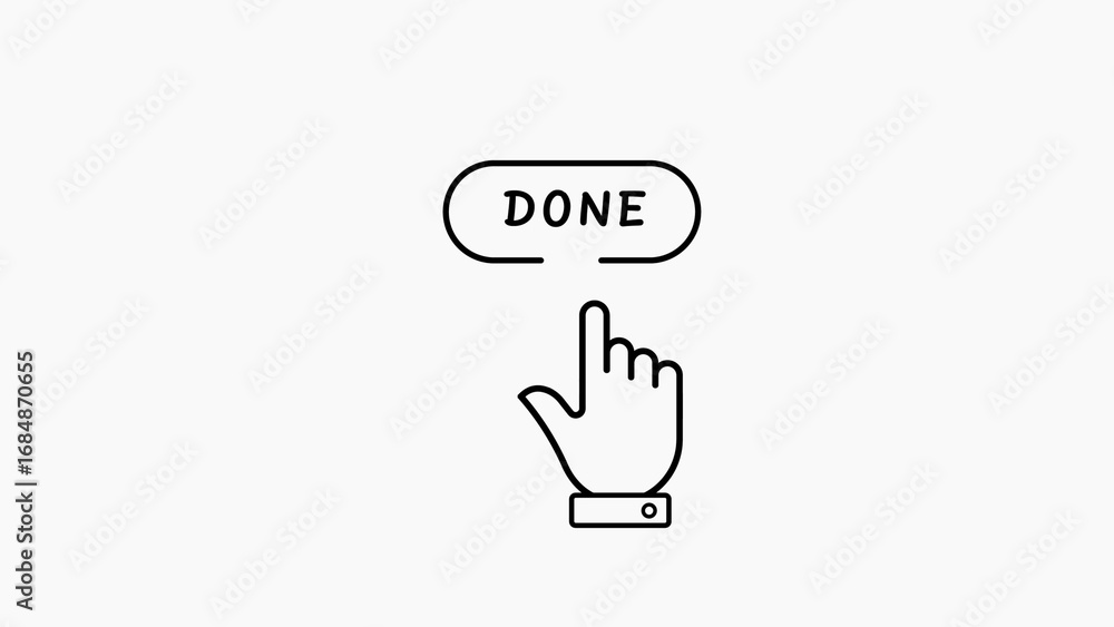 Poster hand cursor clicking on a done button icon on white background graphic design